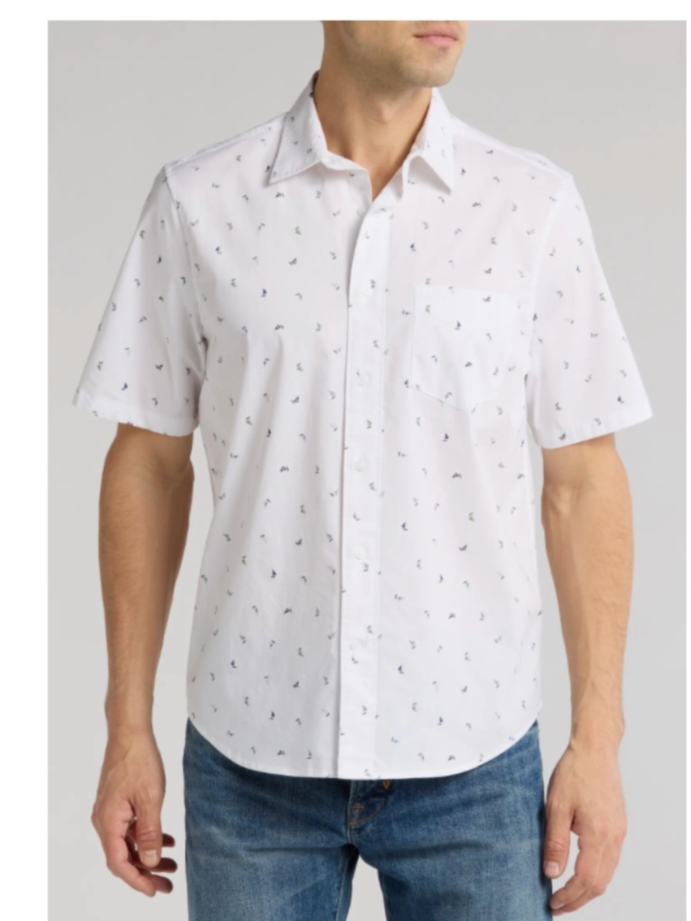 Sailboat Print Short Sleeve Cotton Button-Up Shirt